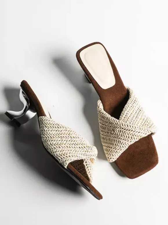 White Kitten Heel Sandal Slippers Knotted Open Toe Backless Sandals