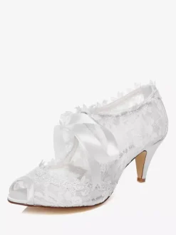 White Lace Ribbons Peep Toe Bridal Pumps for Women