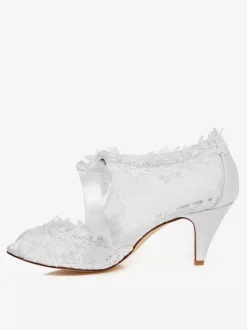 White Lace Ribbons Peep Toe Bridal Pumps for Women