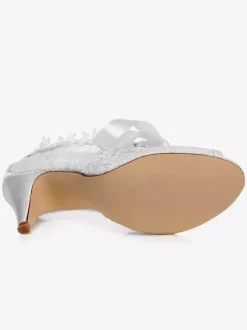 White Lace Ribbons Peep Toe Bridal Pumps for Women