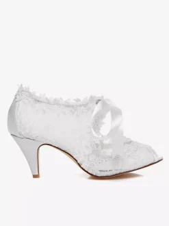 White Lace Ribbons Peep Toe Bridal Pumps for Women