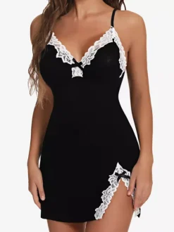 White Lace Trim Side Slit Satin Slip Night Dress