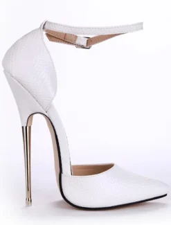 White Leather Pointed Toe Ankle Strap Sexy Pumps