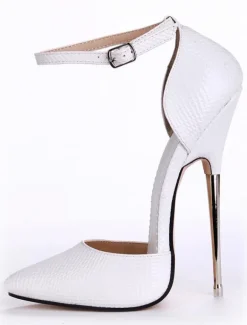 White Leather Pointed Toe Ankle Strap Sexy Pumps