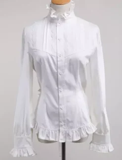 White Lolita Blouse Cotton Long Sleeves High Collar Ruffles Lolita Top