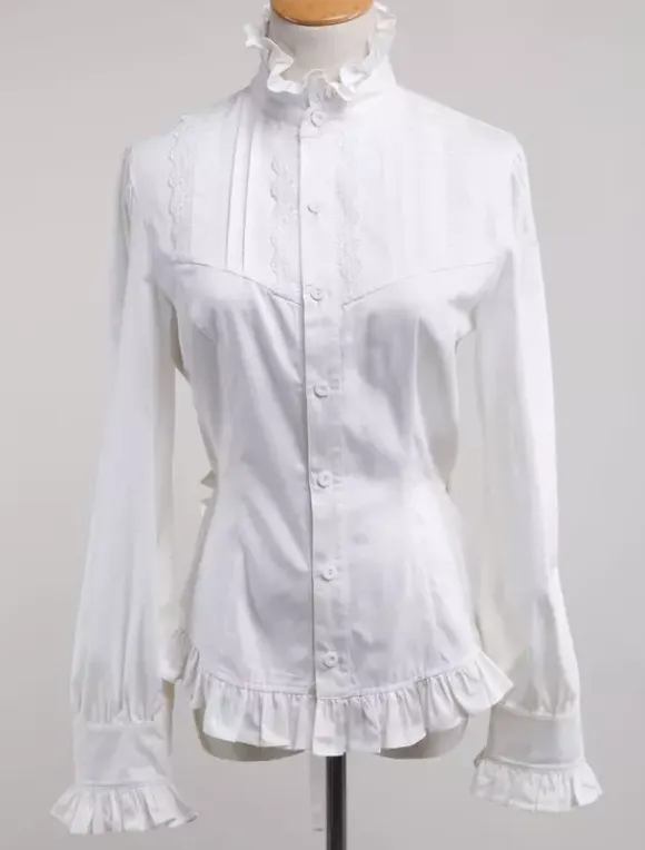 White Lolita Blouse Cotton Long Sleeves High Collar Ruffles Lolita Top