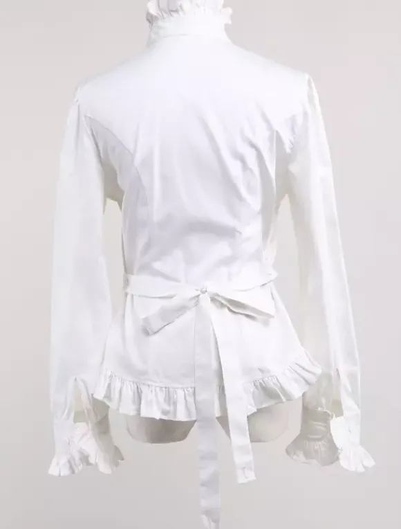 White Lolita Blouse Cotton Long Sleeves High Collar Ruffles Lolita Top