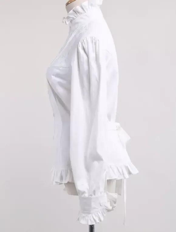 White Lolita Blouse Cotton Long Sleeves High Collar Ruffles Lolita Top
