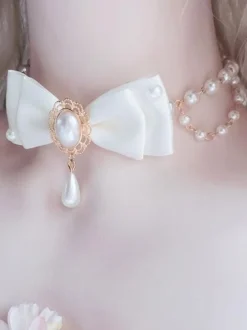 White Lolita Necklace Pearls Polyester Bows Sweet Lolita Chocker