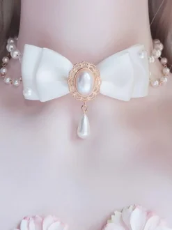 White Lolita Necklace Pearls Polyester Bows Sweet Lolita Chocker