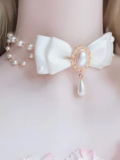 White Lolita Necklace Pearls Polyester Bows Sweet Lolita Chocker