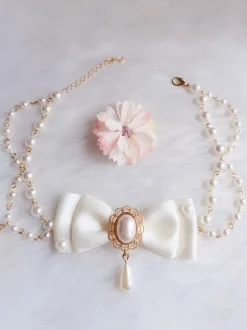 White Lolita Necklace Pearls Polyester Bows Sweet Lolita Chocker