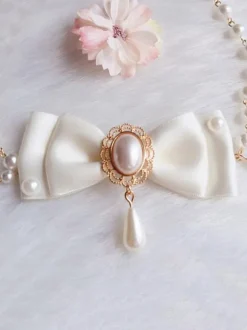 White Lolita Necklace Pearls Polyester Bows Sweet Lolita Chocker