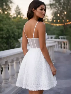 White Mini Slip Dress With Flower Decoration And Sheer Waist 2026