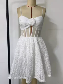 White Mini Slip Dress With Flower Decoration And Sheer Waist 2026