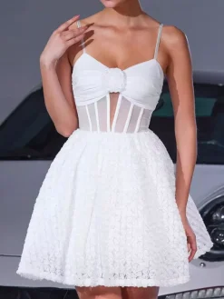 White Mini Slip Dress With Flower Decoration And Sheer Waist 2026
