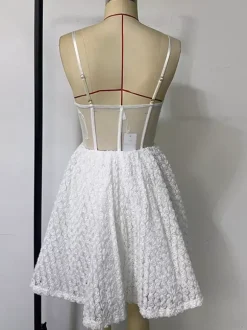 White Mini Slip Dress With Flower Decoration And Sheer Waist 2026