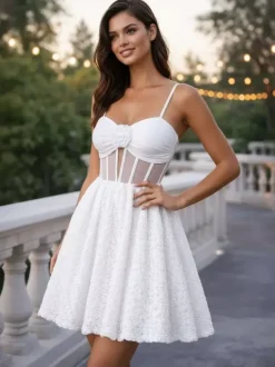 White Mini Slip Dress With Flower Decoration And Sheer Waist 2026