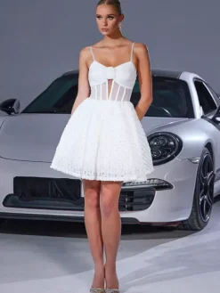 White Mini Slip Dress With Flower Decoration And Sheer Waist 2026