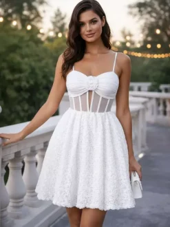 White Mini Slip Dress With Flower Decoration And Sheer Waist 2026