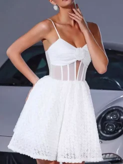 White Mini Slip Dress With Flower Decoration And Sheer Waist 2026
