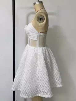 White Mini Slip Dress With Flower Decoration And Sheer Waist 2026
