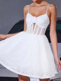 White Mini Slip Dress With Flower Decoration And Sheer Waist 2026