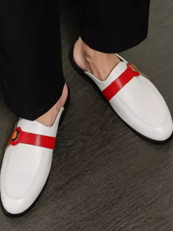 White Mule Loafers Round Toe Buckle Detail Backless Slippers