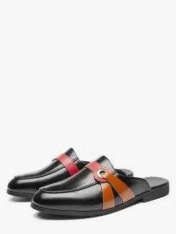 White Mule Loafers Round Toe Buckle Detail Backless Slippers