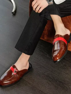 White Mule Loafers Round Toe Buckle Detail Backless Slippers