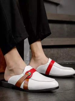 White Mule Loafers Round Toe Buckle Detail Backless Slippers