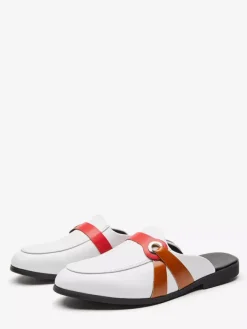 White Mule Loafers Round Toe Buckle Detail Backless Slippers