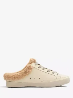 White Mule Sneakers Shearling Round Toe Lace Up Skate Sneakers