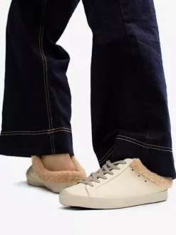 White Mule Sneakers Shearling Round Toe Lace Up Skate Sneakers