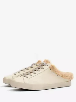White Mule Sneakers Shearling Round Toe Lace Up Skate Sneakers