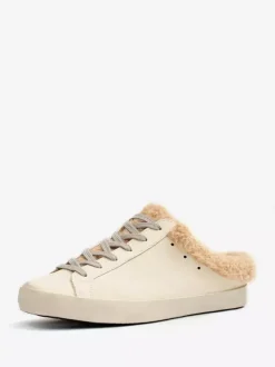 White Mule Sneakers Shearling Round Toe Lace Up Skate Sneakers