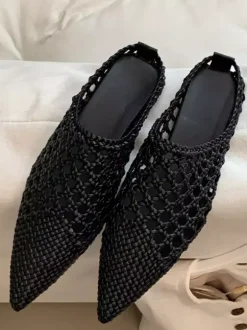 White Mules Pointed Toe Cut Out Backless Flat Shoes