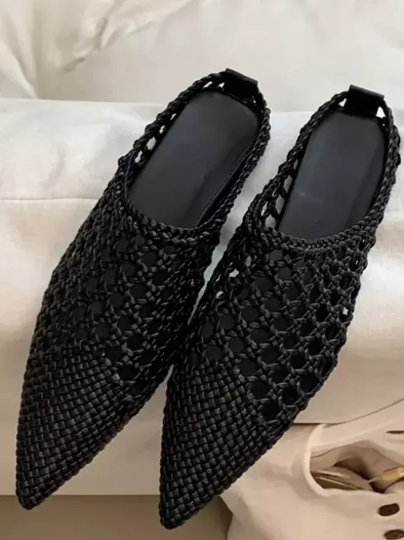White Mules Pointed Toe Cut Out Backless Flat Shoes