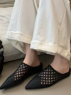 White Mules Pointed Toe Cut Out Backless Flat Shoes