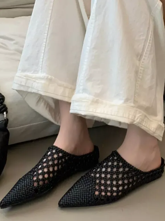 White Mules Pointed Toe Cut Out Backless Flat Shoes