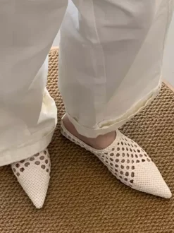 White Mules Pointed Toe Cut Out Backless Flat Shoes