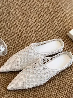 White Mules Pointed Toe Cut Out Backless Flat Shoes