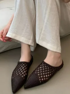 White Mules Pointed Toe Cut Out Backless Flat Shoes