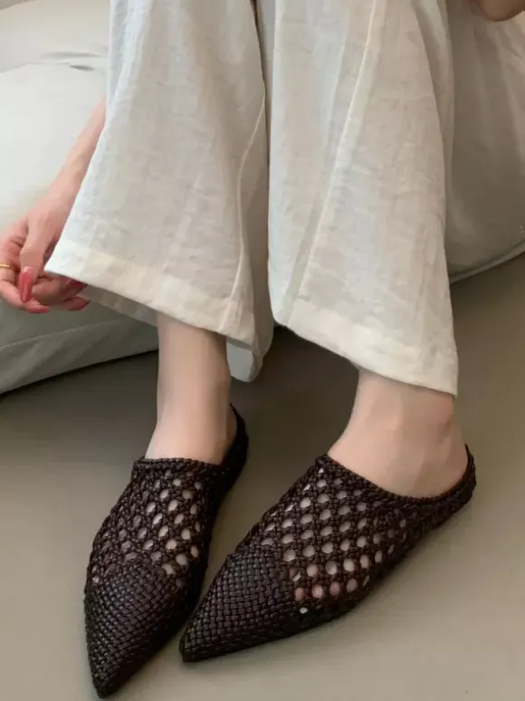 White Mules Pointed Toe Cut Out Backless Flat Shoes