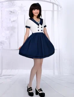 White Navy Blue Lolita One-piece Dress Sailor Style Short Sleevs