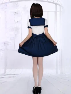 White Navy Blue Lolita One-piece Dress Sailor Style Short Sleevs