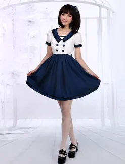 White Navy Blue Lolita One-piece Dress Sailor Style Short Sleevs