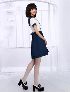 White Navy Blue Lolita One-piece Dress Sailor Style Short Sleevs