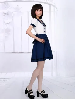 White Navy Blue Lolita One-piece Dress Sailor Style Short Sleevs