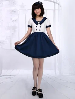 White Navy Blue Lolita One-piece Dress Sailor Style Short Sleevs